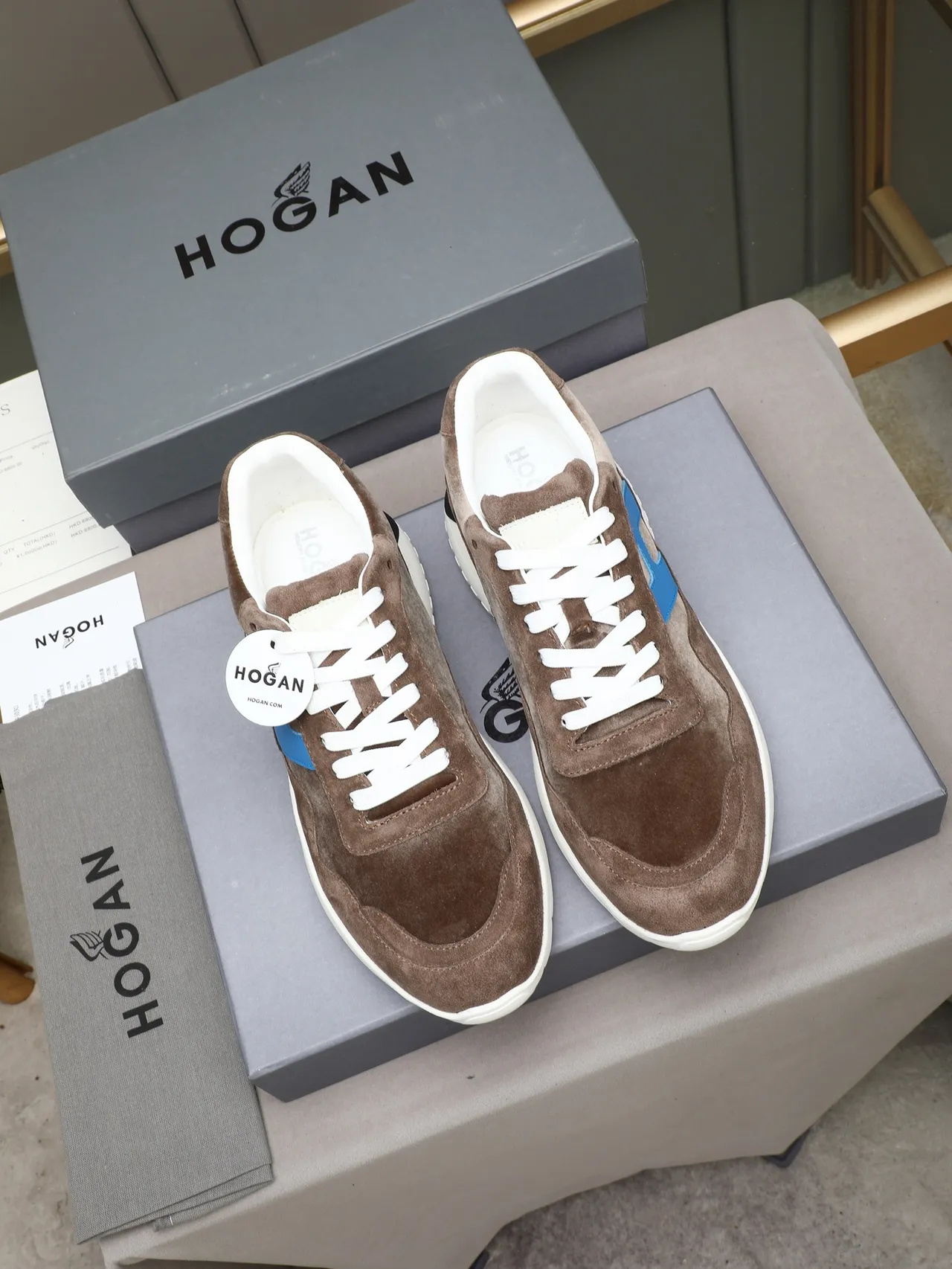 Hogan Brown Blue Suede Upper Oversized H Logo Lifestyle Sneakers 2