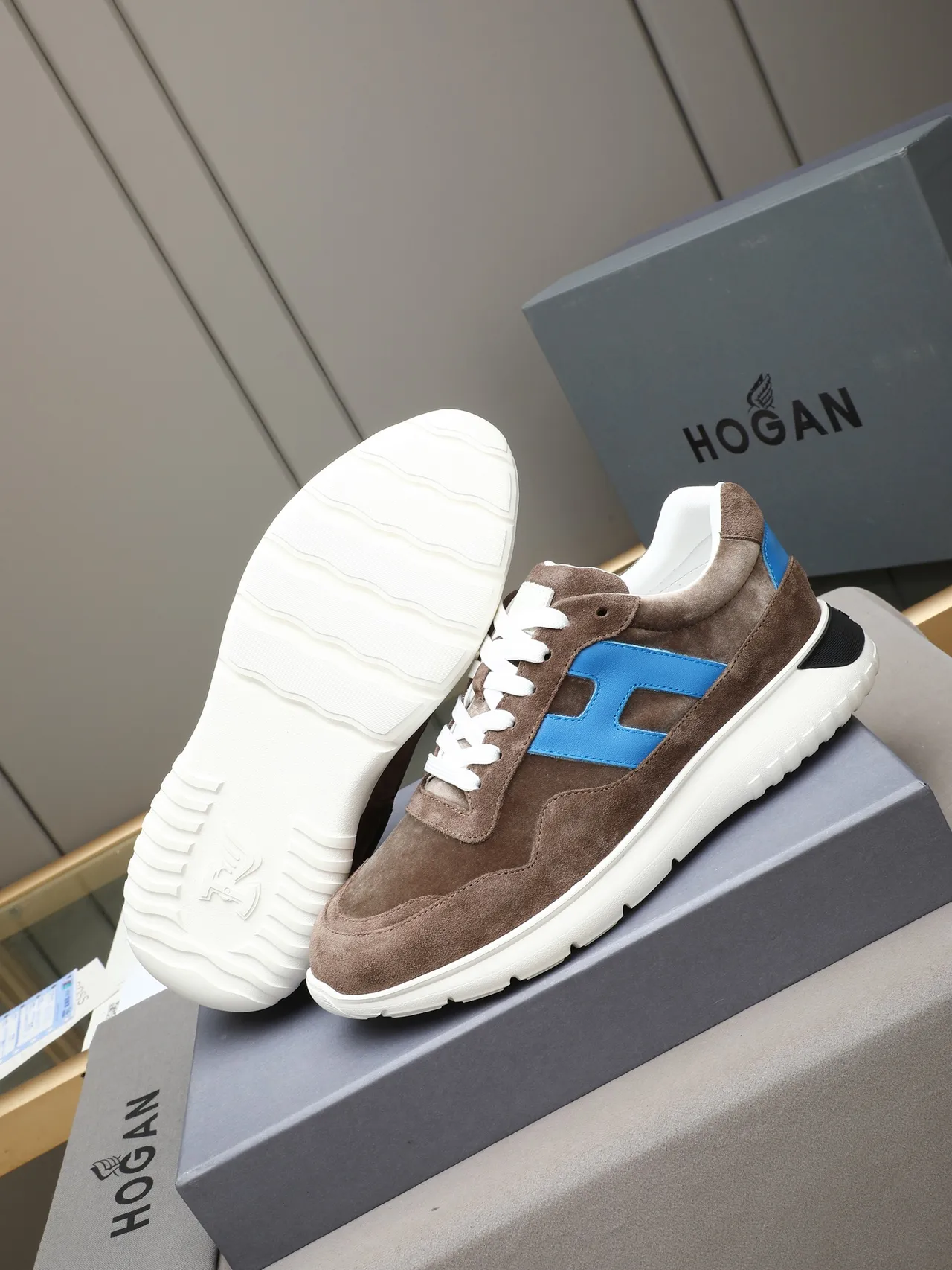 Hogan Brown Blue Suede Upper Oversized H Logo Lifestyle Sneakers 4