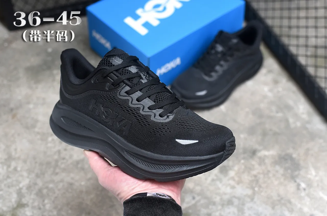 Hoka Preto Cinza Monocromático Malha Engenhada Superior Tênis de Corrida 3