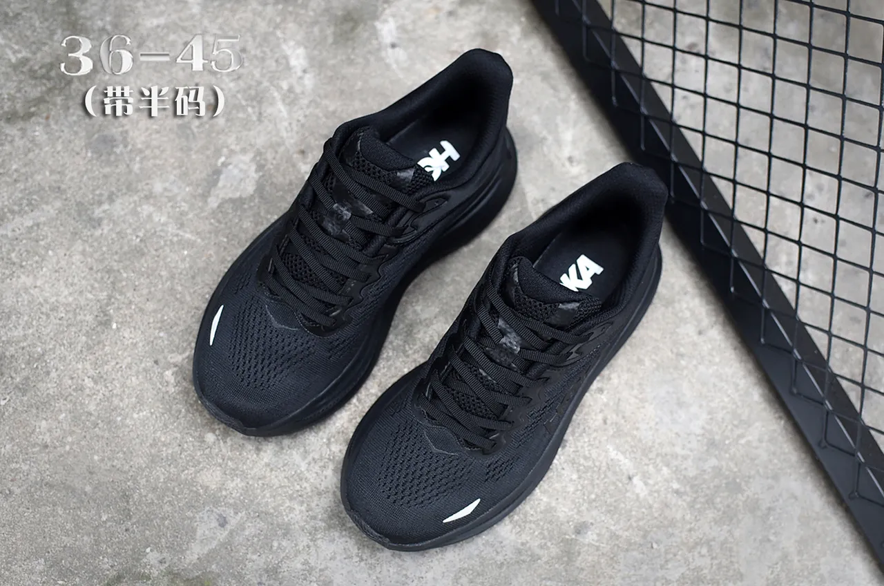 Hoka Preto Cinza Monocromático Malha Engenhada Superior Tênis de Corrida 4