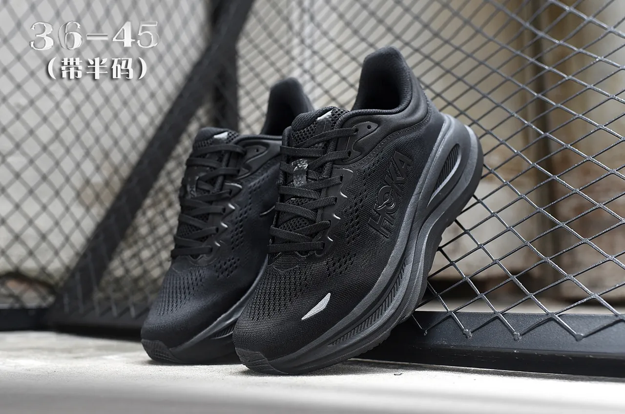Hoka Preto Cinza Monocromático Malha Engenhada Superior Tênis de Corrida 5