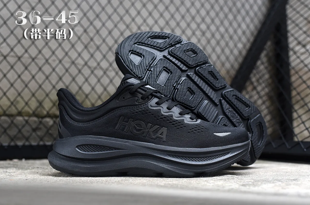Hoka Preto Cinza Monocromático Malha Engenhada Superior Tênis de Corrida 7