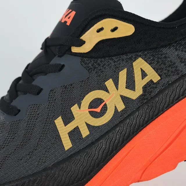 Hoka Clifton Black Orange Engineered Knit Upper Flared Midsole Running Shoes 6