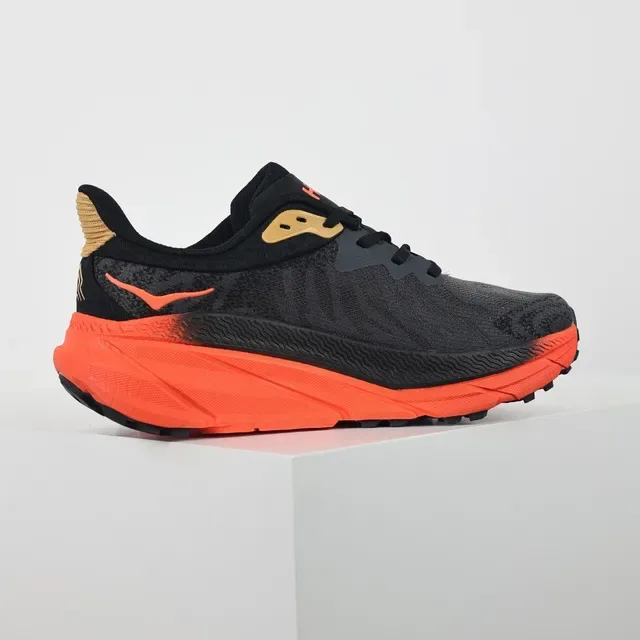 Hoka Clifton Black Orange Engineered Knit Upper Flared Midsole Running Shoes 7