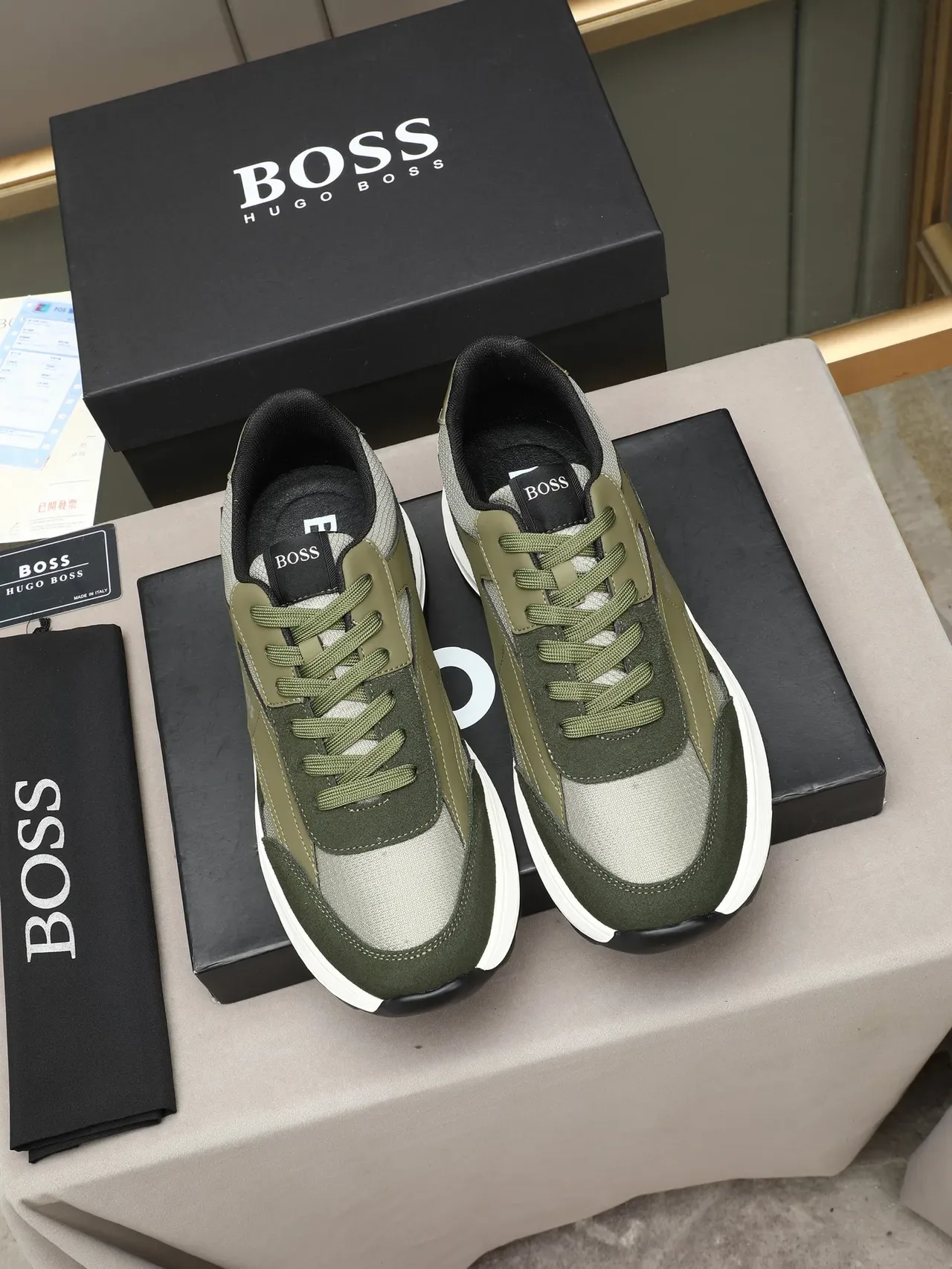 Hugo Boss Army Green White Mixed-Material Upper Layered Midsole Sneakers 2