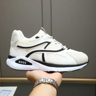 Hugo Boss Beige Black Mesh And Suede Upper Curved Overlay Stripes Sneakers