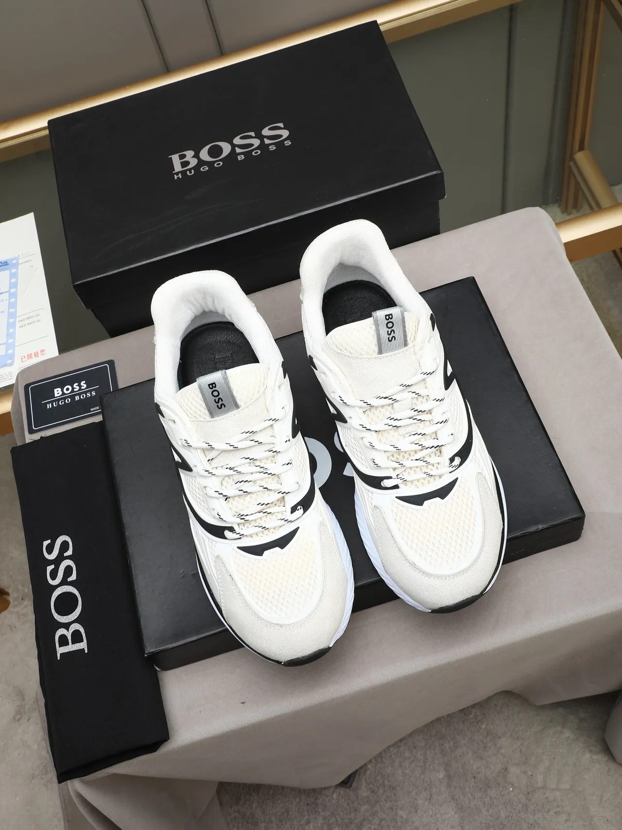 Hugo Boss Bege Preto Malha E Camurça Parte Superior Tiras Curvas Sobrepostas Tênis 2