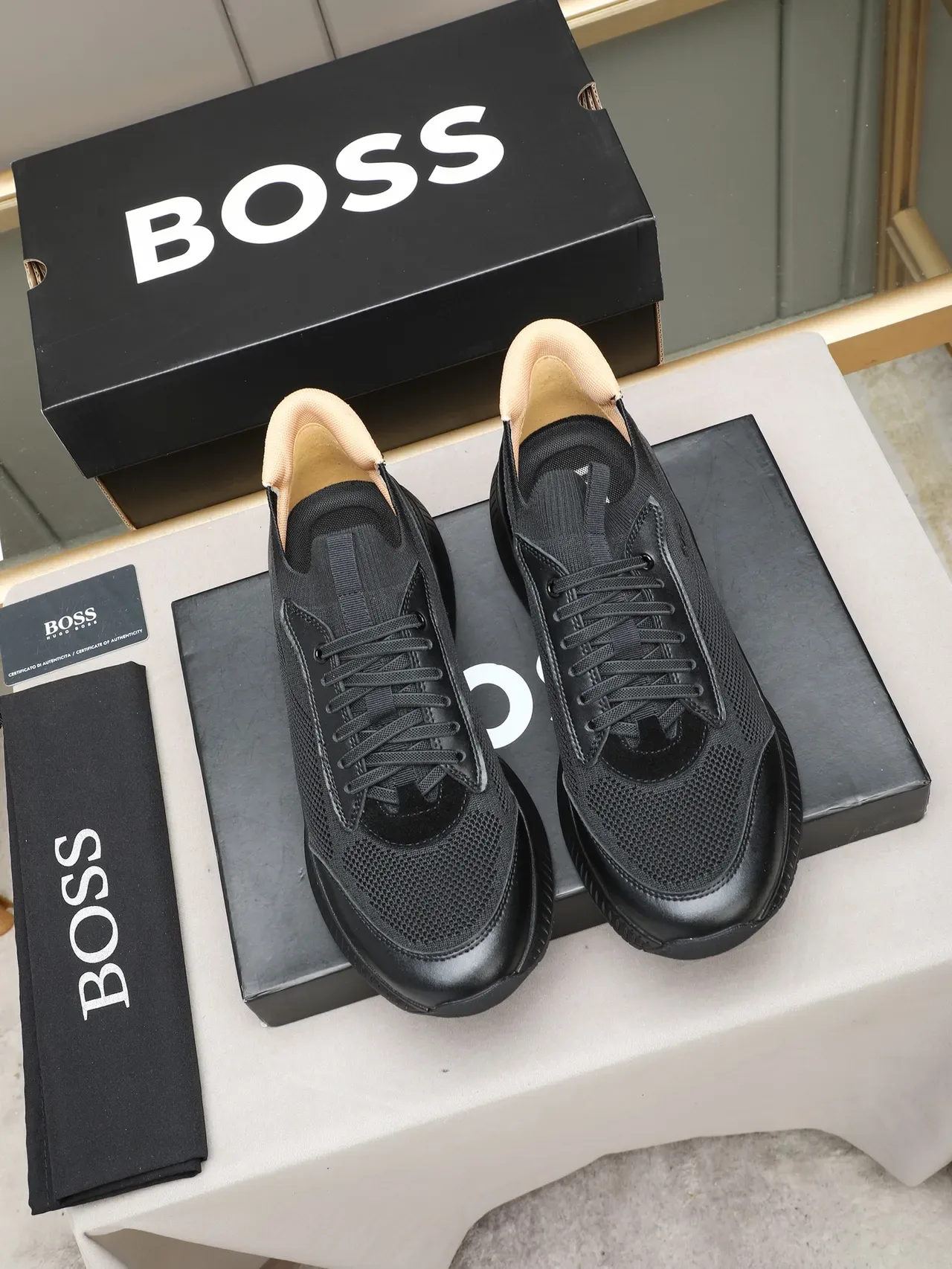 Hugo Boss Black Knit and Leather Lifestyle Sneaker 2