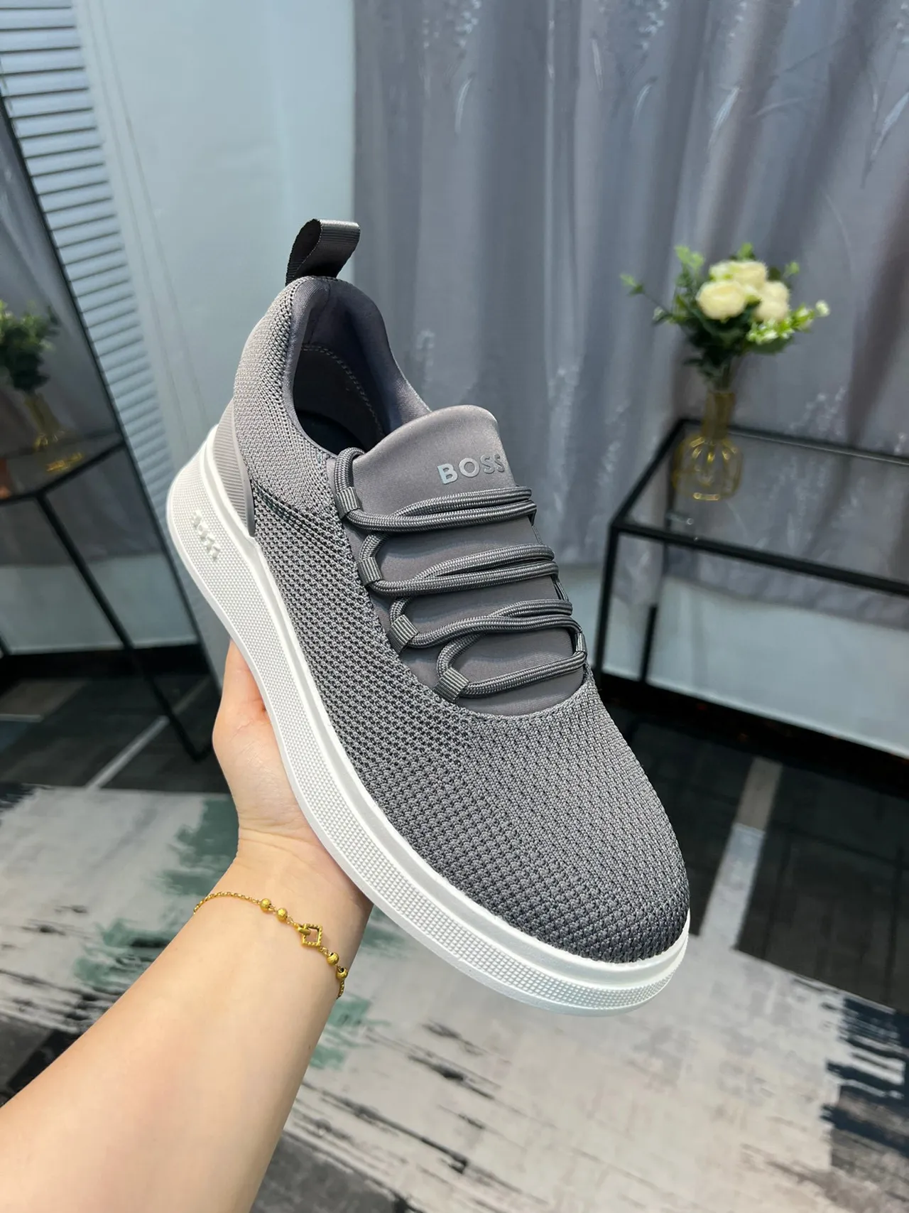 Hugo Boss Gray Knit Elastic Strap Platform Sneaker 7