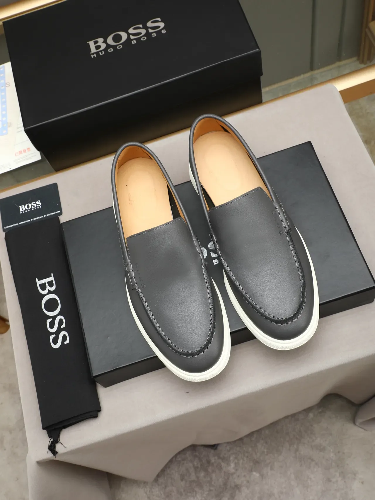 Hugo Boss Gray White Leather Upper Moc-Toe Stitching Loafer 3