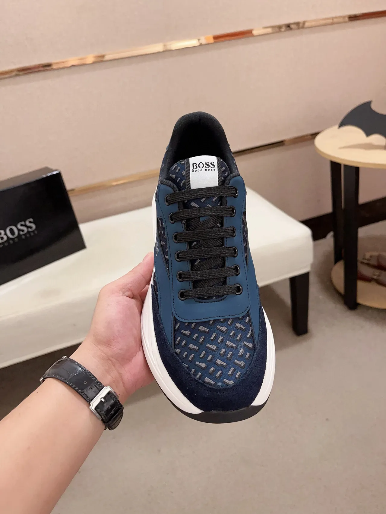 Hugo Boss Navy White Chunky Sole Mixed-Material Upper Sneakers 2