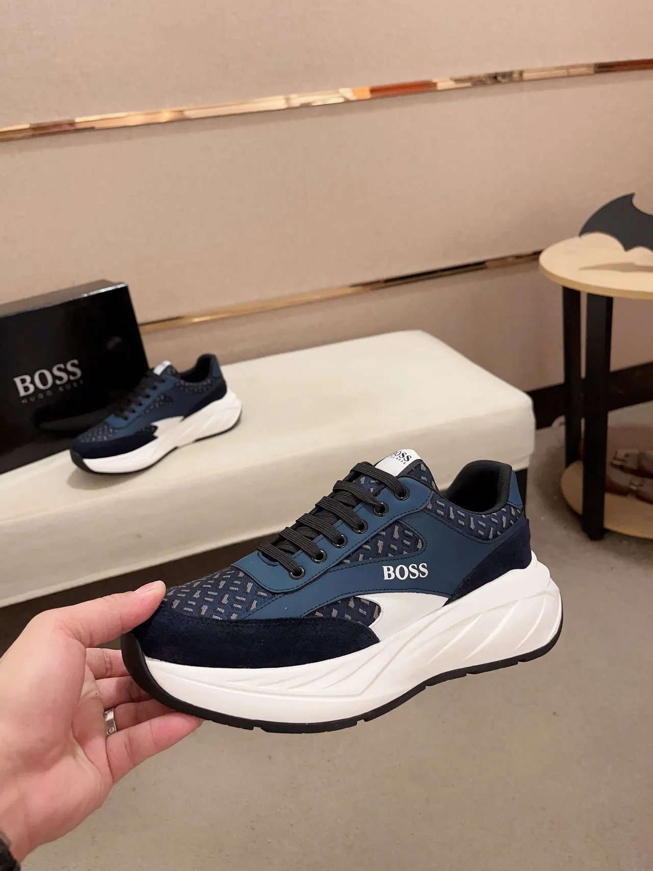 Hugo Boss Navy White Chunky Sole Mixed-Material Upper Sneakers 3