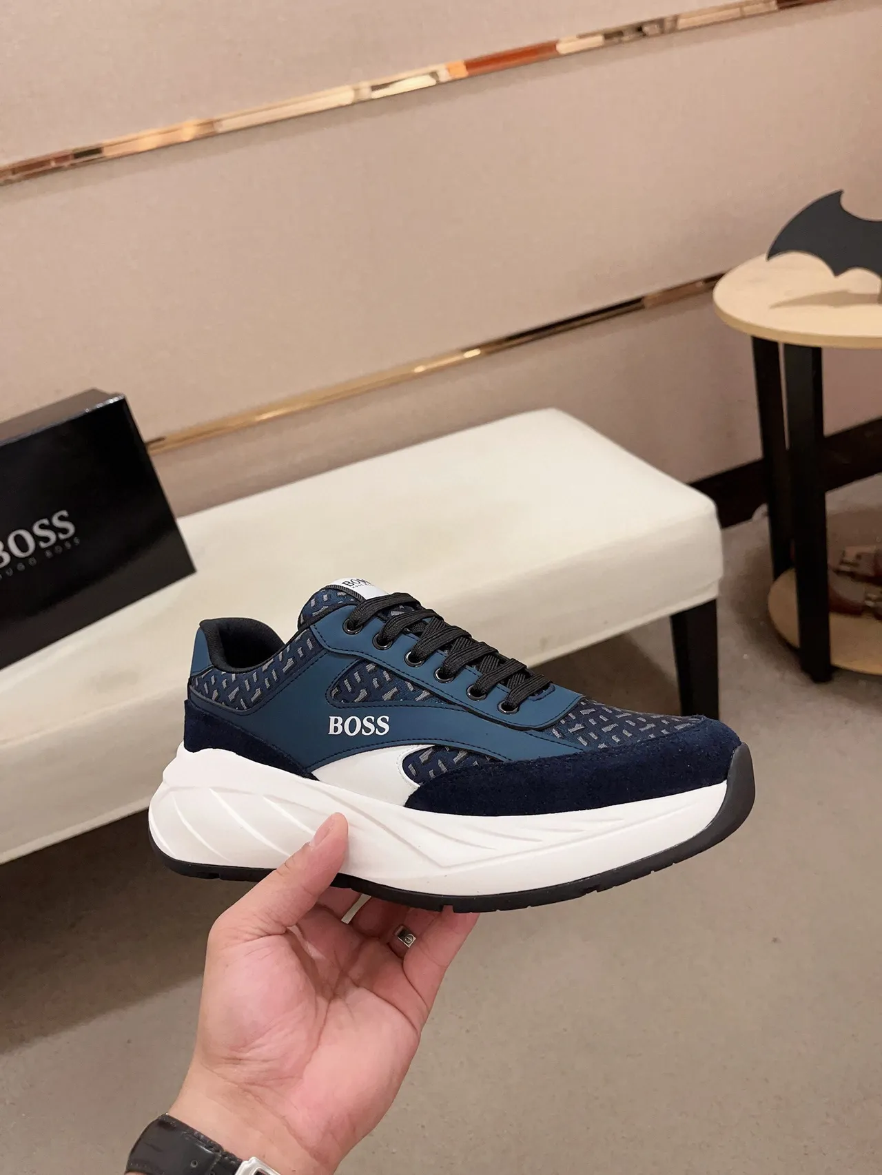 Hugo Boss Navy White Chunky Sole Mixed-Material Upper Sneakers 4