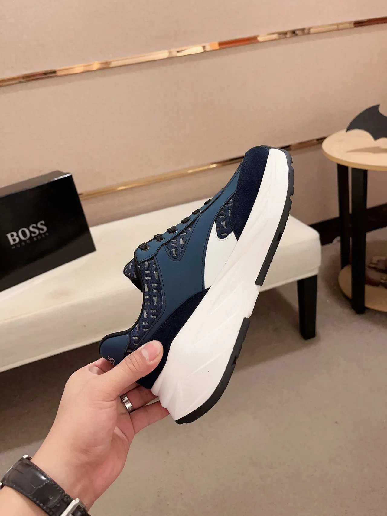 Hugo Boss Navy White Chunky Sole Mixed-Material Upper Sneakers 5