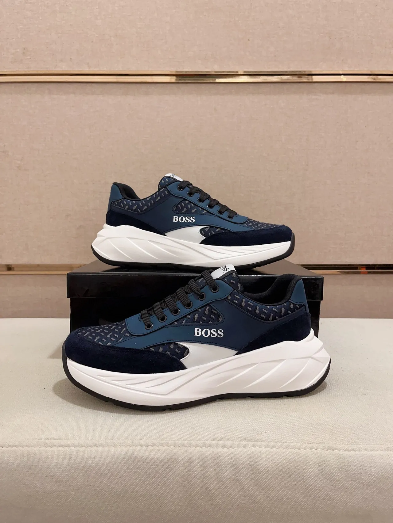 Hugo Boss Navy White Chunky Sole Mixed-Material Upper Sneakers 7