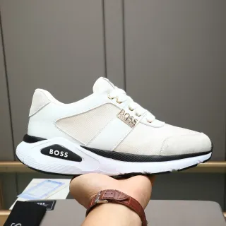 Hugo Boss White Beige Layered Mesh And Suede Upper Gold-Tone Metal Eyelets Lifestyle Sneakers