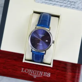 Longines Blue Silver Round Stainless Steel Case Sunburst Dial Mechanical Watch