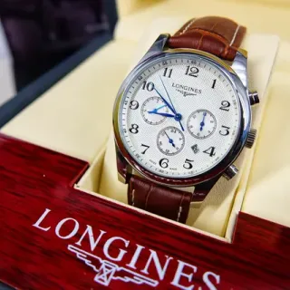 Longines Master Collection Chronograph Brown White Round Stainless Steel Case Guilloché Dial Mechanical Watch