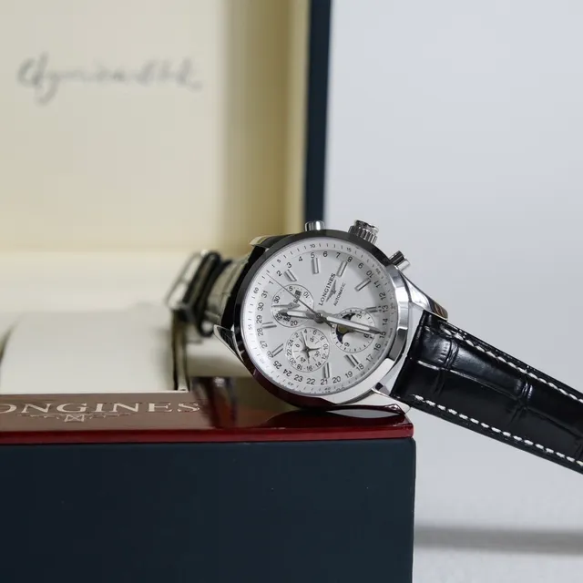 Longines Master Collection Chronograph White Dial Black Alligator Strap Mechanical Watch 3