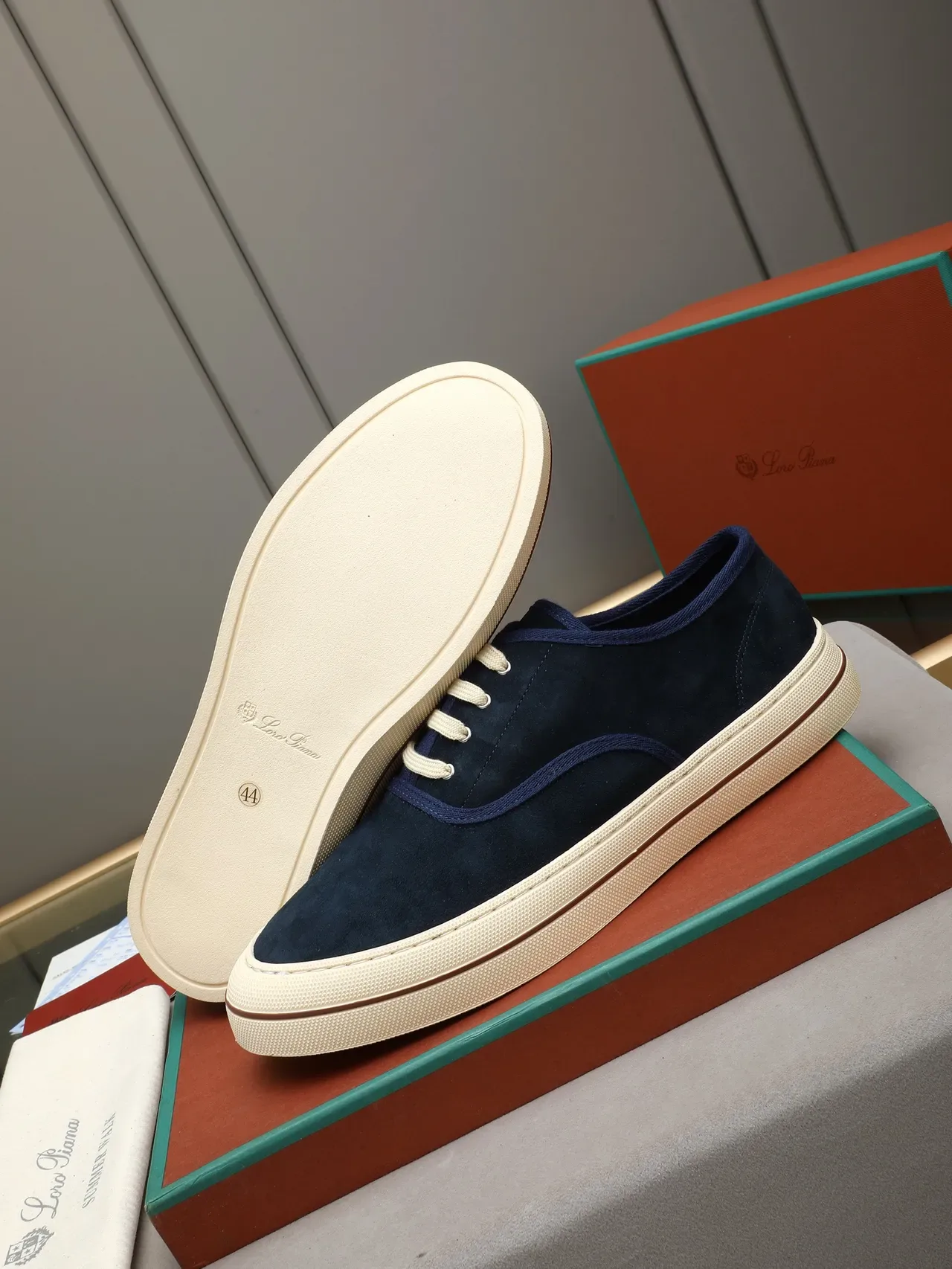 Loro Piana Navy Suede Cream Lace-Up Lifestyle Sneaker 4