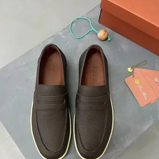 Loro Piana Penny Loafer Brown Beige Pebbled Leather Strap Loafer