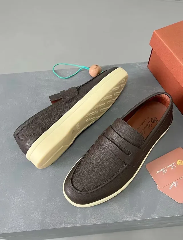 Loro Piana Penny Loafer Brown Beige Pebbled Leather Strap Loafer 4
