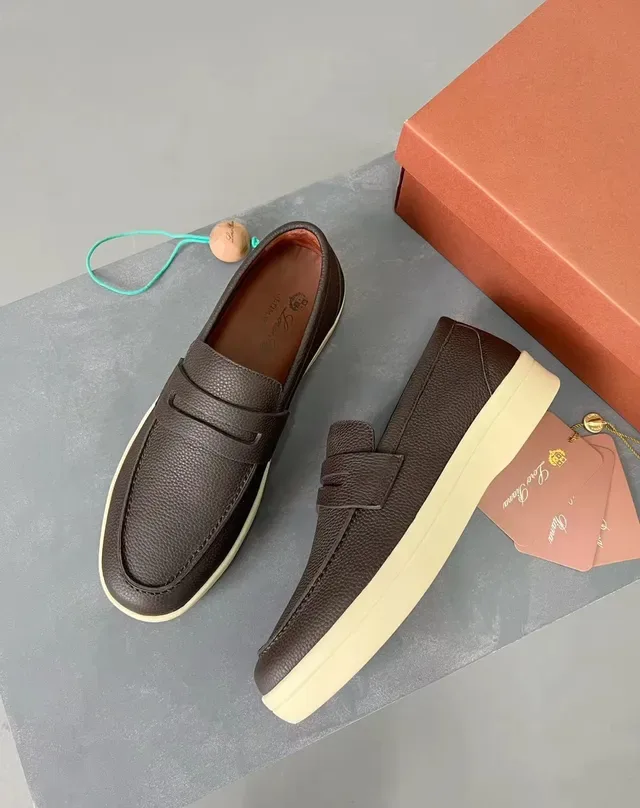 Loro Piana Penny Loafer Brown Beige Pebbled Leather Strap Loafer 5