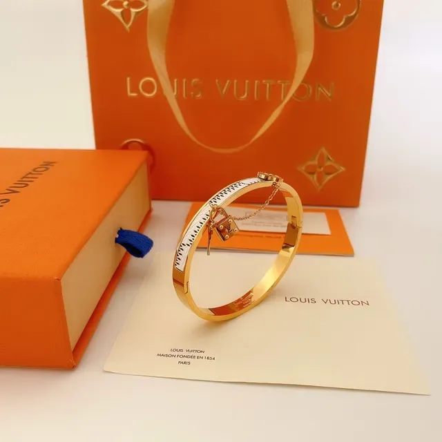Louis Vuitton Bangles Gold Brown Monogram Canvas Metal Bracelet 3