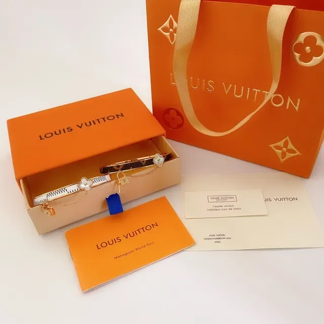 Louis Vuitton Bangles Gold Brown Monogram Canvas Metal Bracelet 4