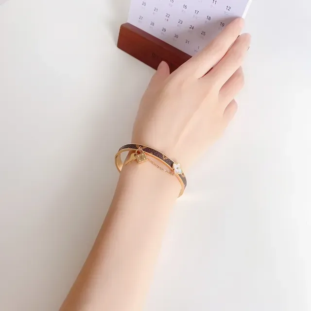 Louis Vuitton Bangles Gold Brown Monogram Canvas Metal Bracelet 7