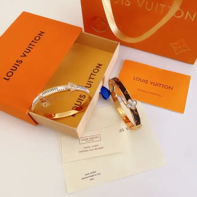 Louis Vuitton Bangles Gold Brown Monogram Canvas Metal Bracelet 8