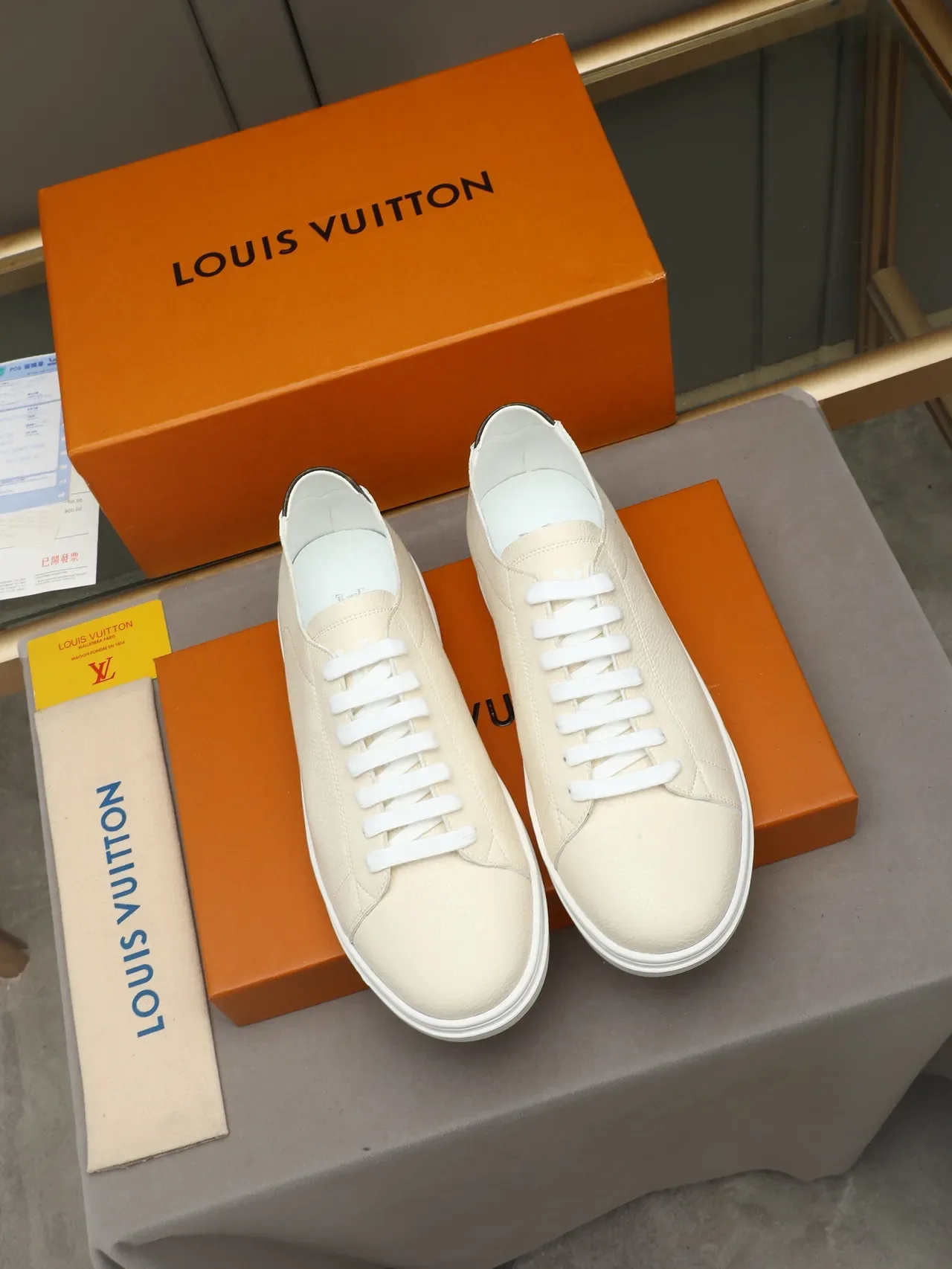 Louis Vuitton Beige Brown Pebbled Leather Upper Embossed Monogram Midsole Lifestyle Sneakers 3