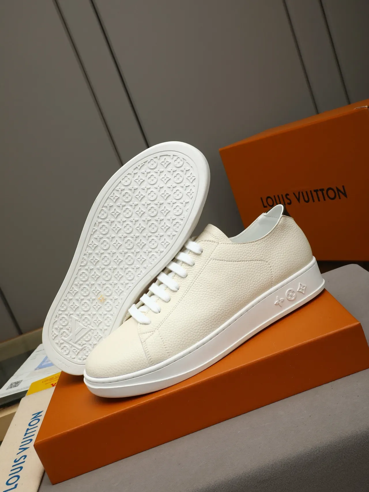 Louis Vuitton Beige Brown Pebbled Leather Upper Embossed Monogram Midsole Lifestyle Sneakers 5