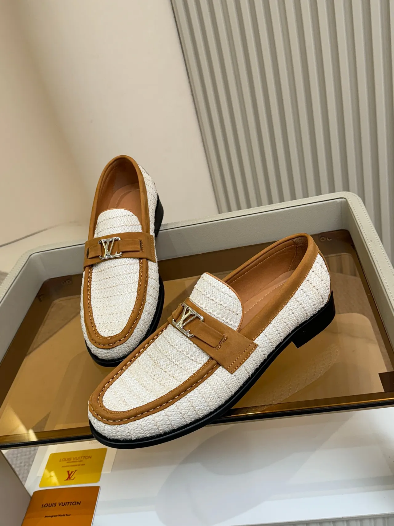 Louis Vuitton Beige Brown Woven Raffia Upper Tan Suede Trim Loafer 4