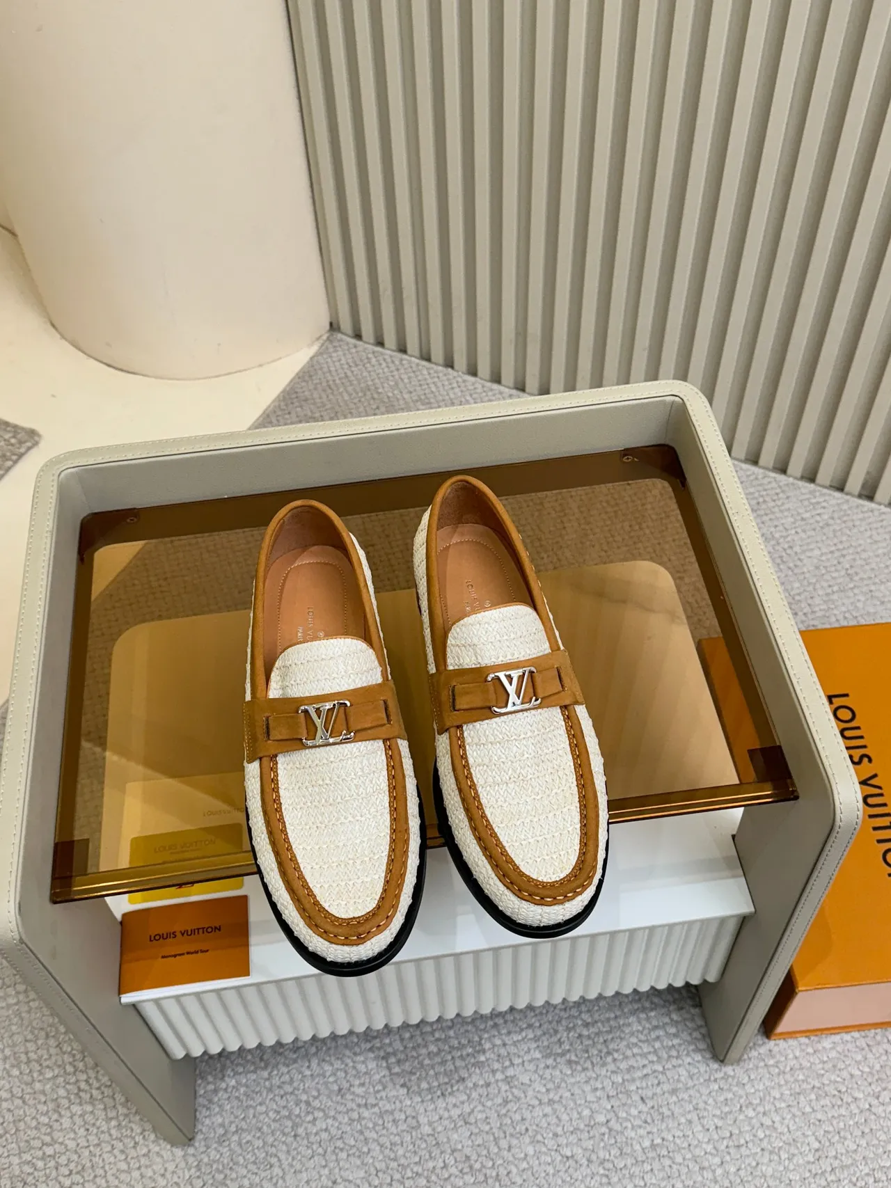 Louis Vuitton Beige Brown Woven Raffia Upper Tan Suede Trim Loafer 5