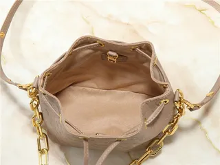 Louis Vuitton حقيبة دلو جلد بيج ذهبي مطبوع بمونوجرام حزام سلسلة 20
