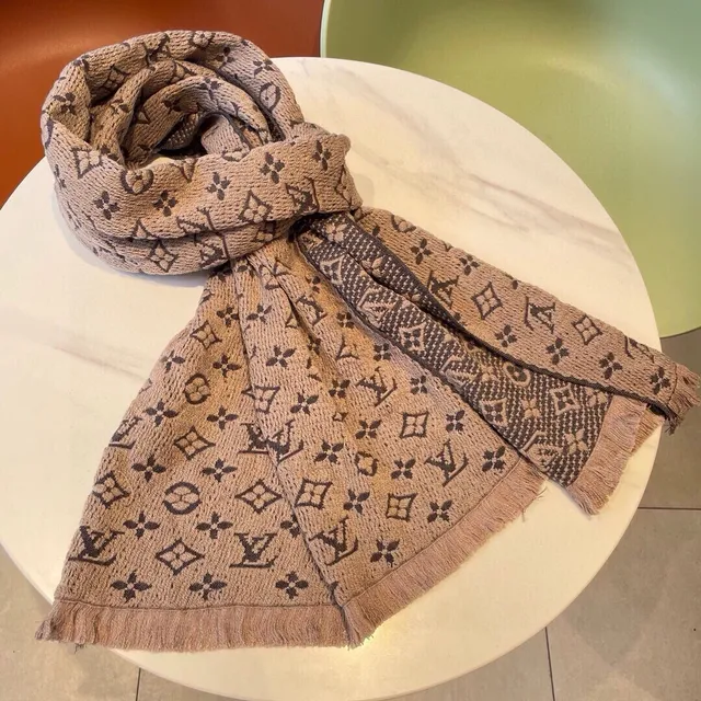 Louis Vuitton Écharpe de Cachemire Beige Gris Monogram Jacquard Tricot Bordures Frangées 9