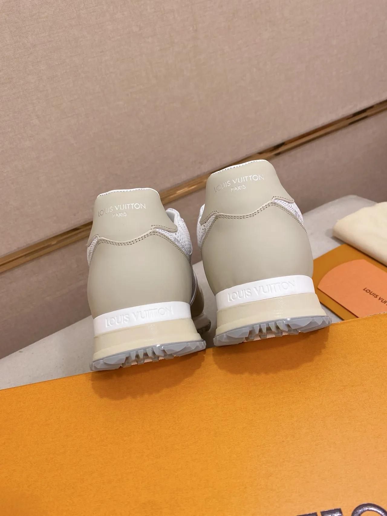 Louis Vuitton Beige White Monogrammed Leather Perforated Heel Lifestyle Sneakers 3
