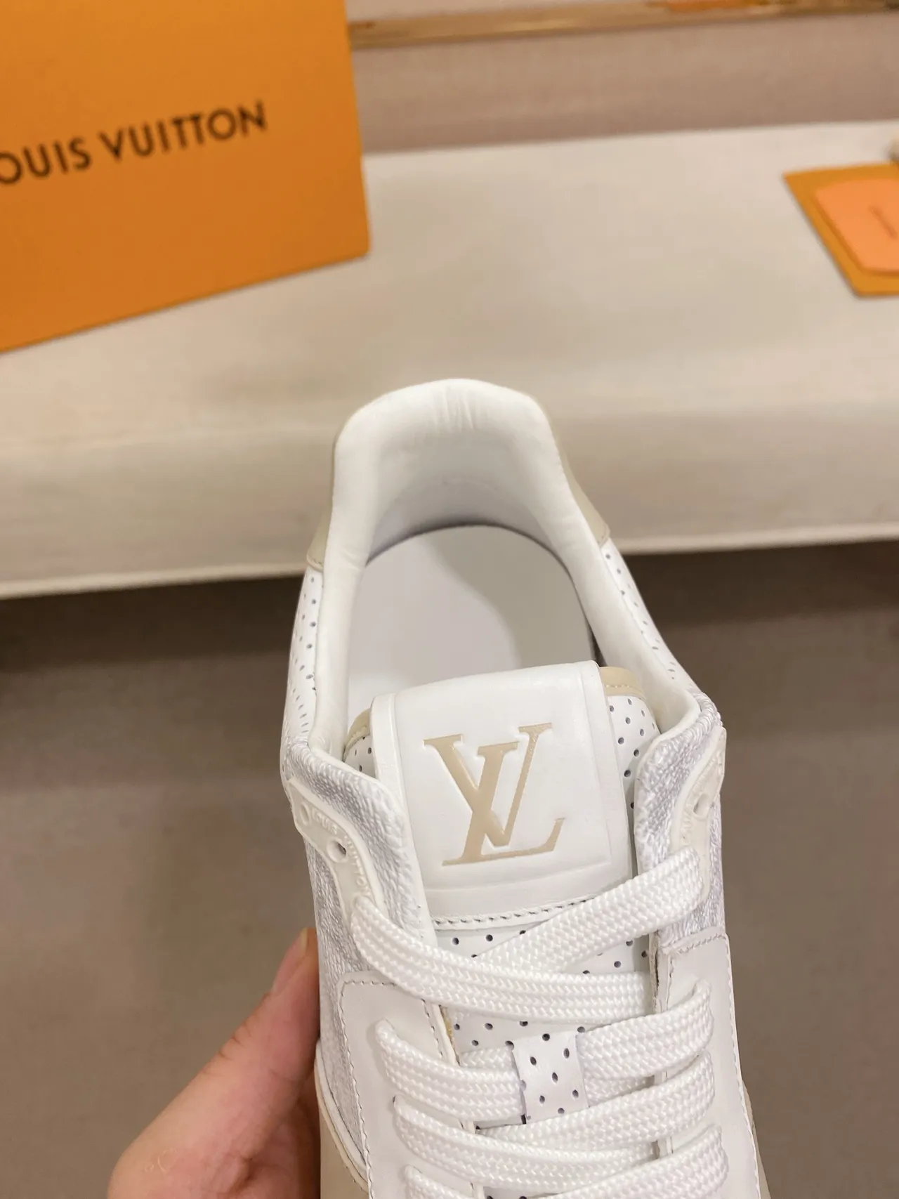 Louis Vuitton Beige White Monogrammed Leather Perforated Heel Lifestyle Sneakers 4