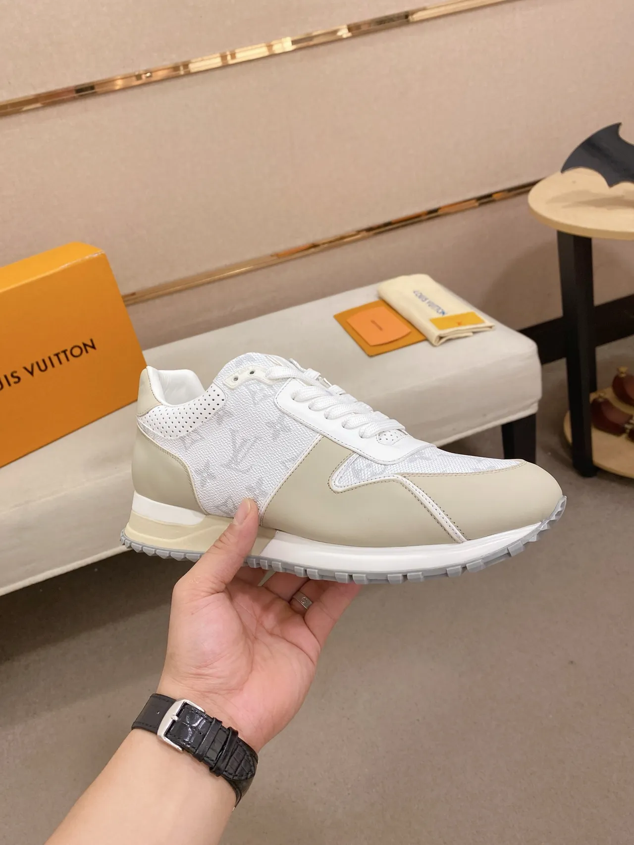 Louis Vuitton Beige White Monogrammed Leather Perforated Heel Lifestyle Sneakers 5
