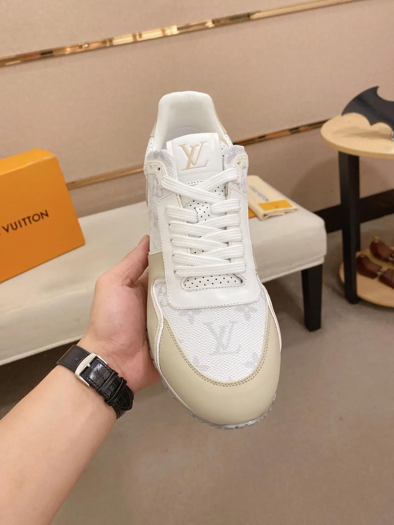 Louis Vuitton Beige White Monogrammed Leather Perforated Heel Lifestyle Sneakers 6