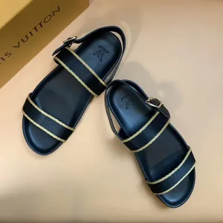 Louis Vuitton صندل كاجوال أسود وبيج بحزامين مزدوجين وتزيين منسوج