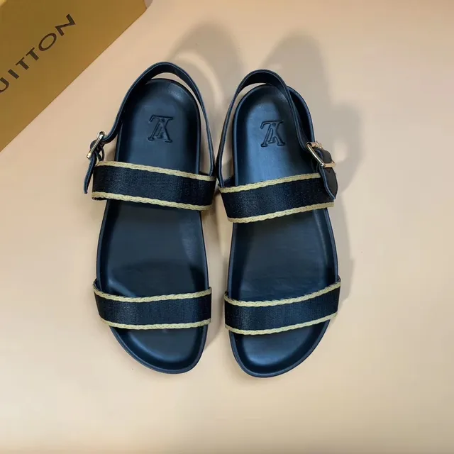 Louis Vuitton Sandales casuales noires et beige à double bride avec bordure tressée 2