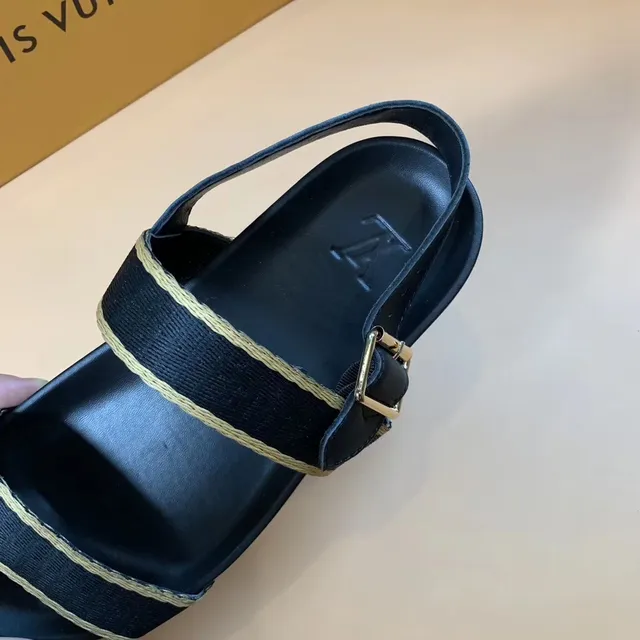 Louis Vuitton Sandales casuales noires et beige à double bride avec bordure tressée 5