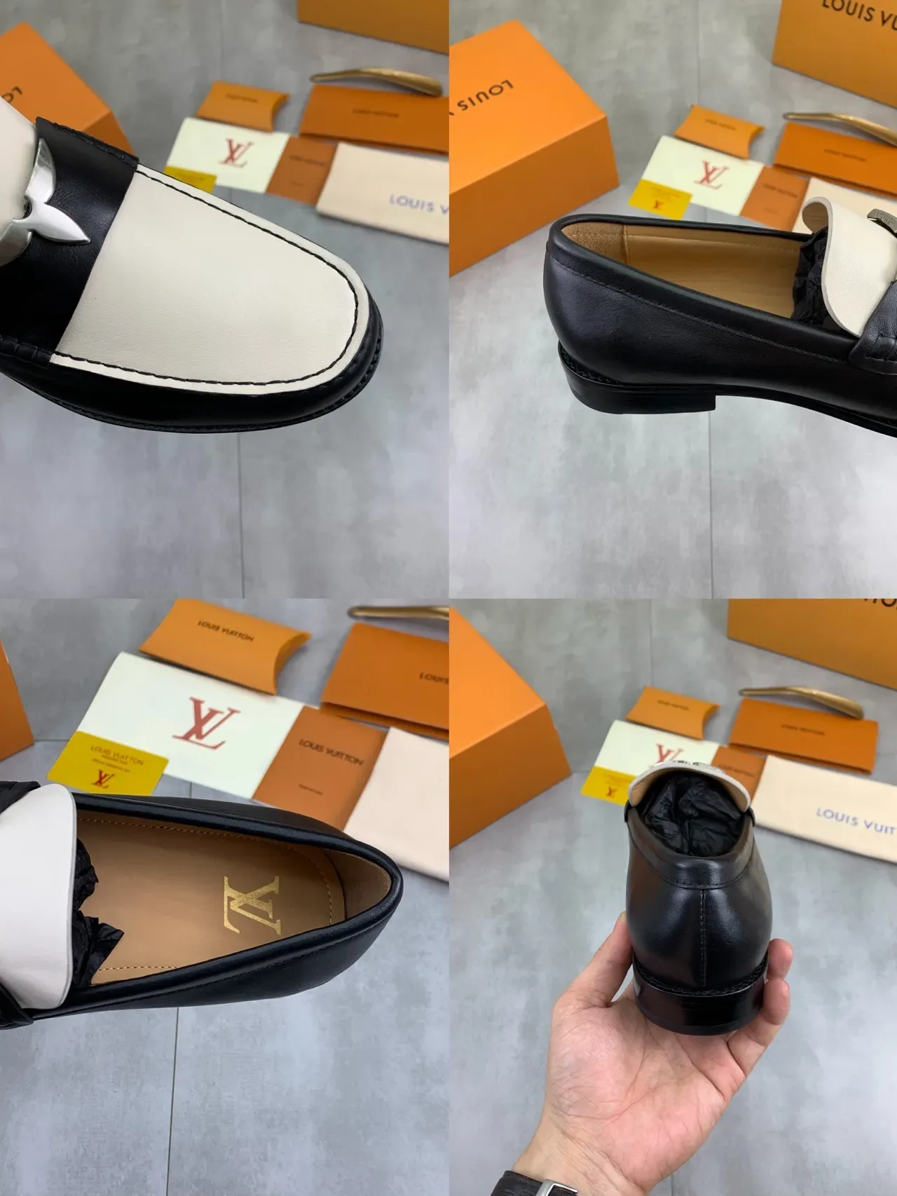 Louis Vuitton Black Beige Two-Tone Leather Metal Twist-Lock Strap Loafer 2