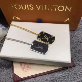 Louis Vuitton Black Gold Dog-Tag Pendant Monogrammed Leather-Textured Surface Necklace