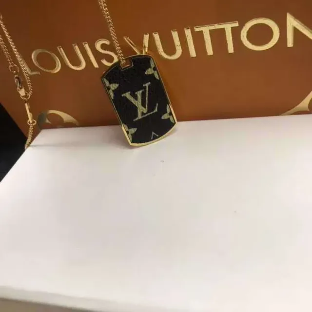 Louis Vuitton Black Gold Dog-Tag Pendant Monogrammed Leather-Textured Surface Necklace 3