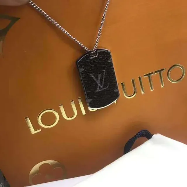 Louis Vuitton Black Gold Dog-Tag Pendant Monogrammed Leather-Textured Surface Necklace 6