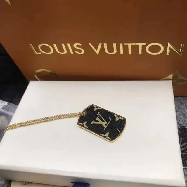 Louis Vuitton Black Gold Dog-Tag Pendant Monogrammed Leather-Textured Surface Necklace 9