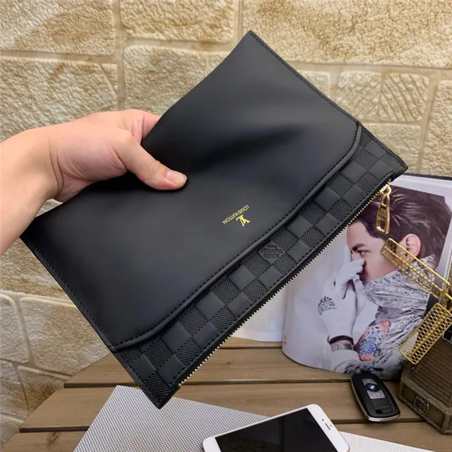 Louis Vuitton Black Gold Smooth Leather Body Woven Damier Infini Flap Envelope Clutch 5